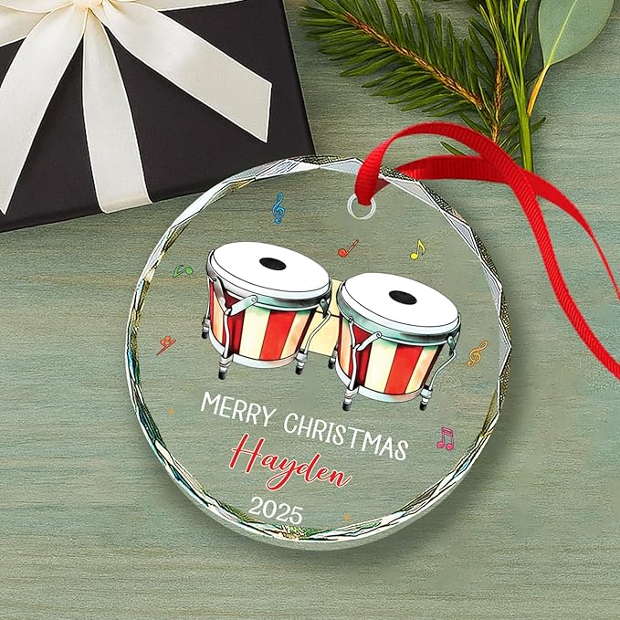 Bongo Drum Player Christmas Ornament Gifts, Personalized Text & Name Musical Instrument Glass Ornament Xmas Tree 2026, Bongo Glass Ornaments Gifts for Drummer Music Lovers, Custom Musician Ornaments