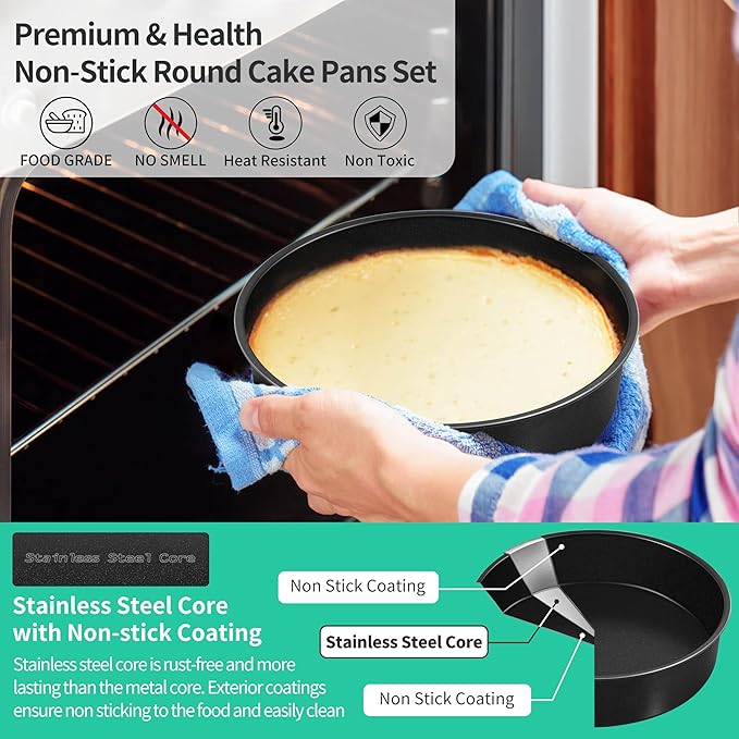 P&P CHEF 8 Inch Cake Pan Set of 3, Non-Stick Round Cake Pans