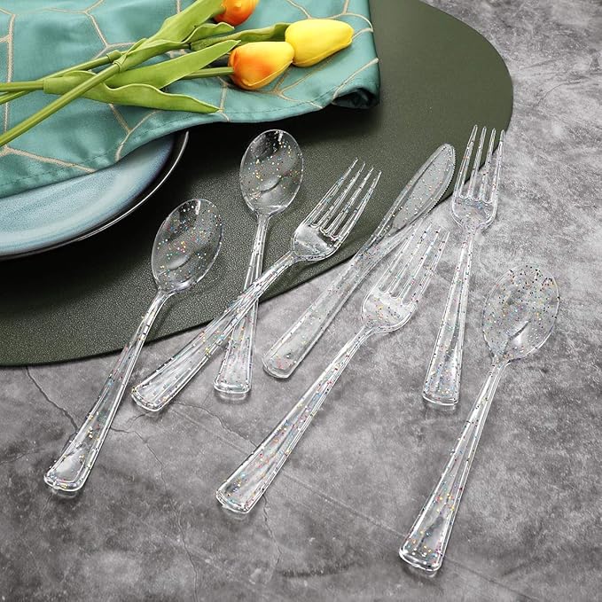Supernal 360pcs Clear Glitter Plastic Silverware, Color Disposable Cutlery