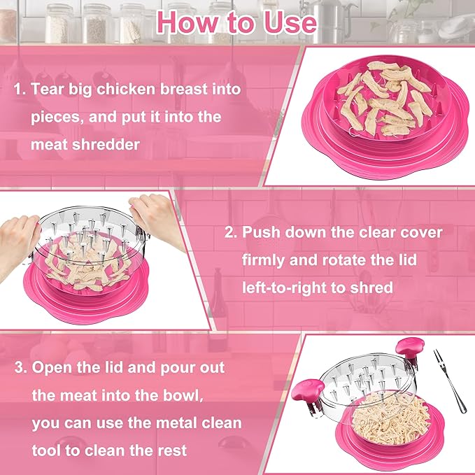 Chicken Shredder Tool Twist Large Meat Shredder with Brush&Fork, Hot Pink