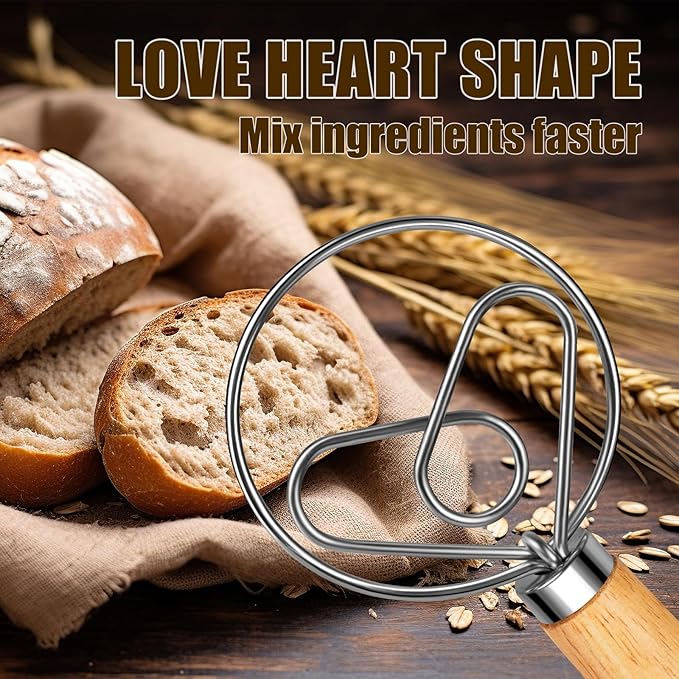 TEEVEA Danish Dough Whisk Wooden Handle Stainless Steel for Sourdough Bread