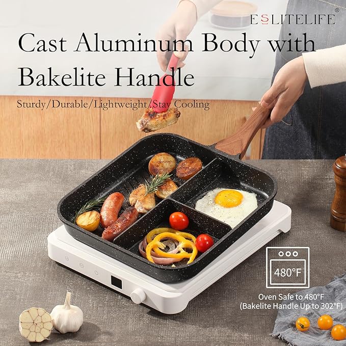 ESLITE LIFE Nonstick Divided Grill Pan with Lid & Tongs for Stove Tops, 11 Inch Versatile 3-In-1 Breakfast Pan, Square Big Grilling Steak Pan for Indoor & Outdoor Cooking, PTFE & PFOA Free, Black