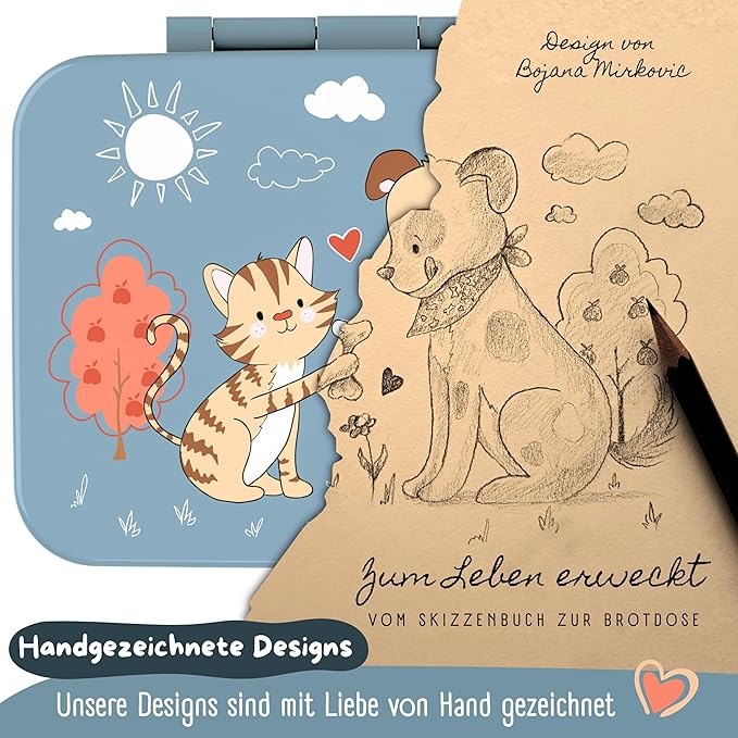 BEARFOOT Kids Lunch Box with Compartments – Compact & Lightweight | Leak-Proof, BPA-Free, Dishwasher Safe | Hand-Drawn Design for Preschool, School, Travel (Dog & Cat Blue, 2.75 Cups)