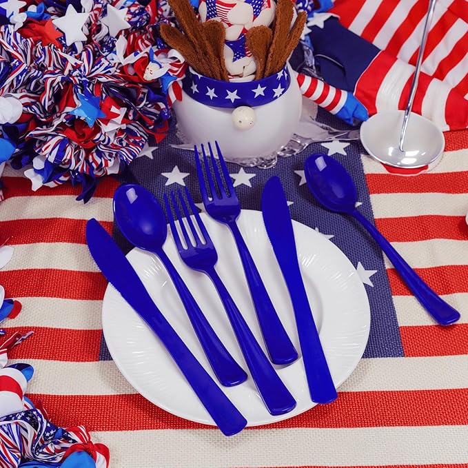 Liacere 100Pack Pre Rolled Blue Silverware and Napkin-Disposable Blue Plastic Utensils-Plastic Cutlery Set with Napkin:100 Forks,100 Knives,100 Spoons,100 Napkins for Wedding&Party&Independence Day