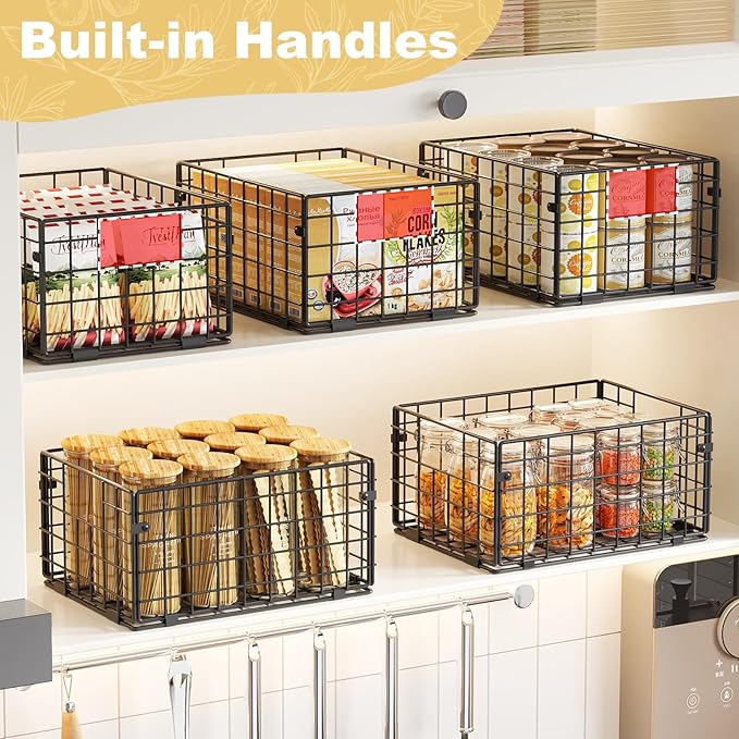 X-cosrack Metal Wire Basket Pantry Baskets Foldable Cabinet Organizers with Handles-6 Pack-12"x9"x6", Food Storage Freezer Organizer Bins for Kitchen Bathroom Laundry Closet Garage - Patent Design