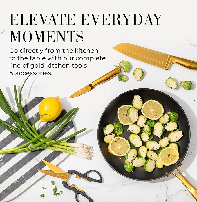 Styled Settings Gold Knife Set with Block and Built-In Sharpener, 14-Piece