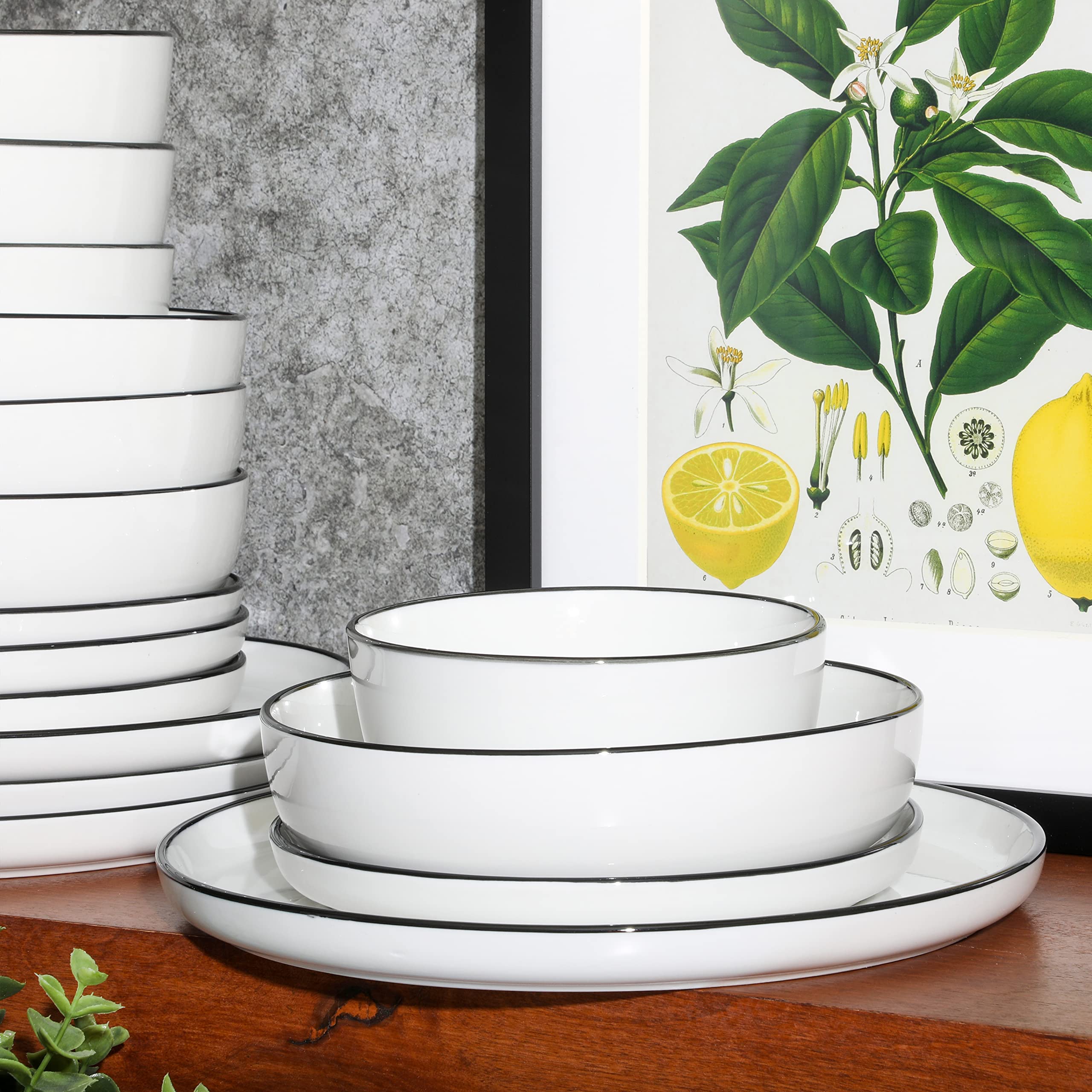 Gibson Home Oslo 16-Piece Porcelain Dinnerware Set, Service for 4 – White Plates with Black Rim, Microwave & Dishwasher Safe