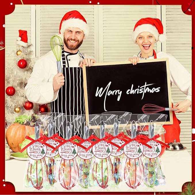 FoldTier 16 Sets 10 Inch Christmas Whisks Gifts DIY Fillable Christmas Tree Ornaments Xmas Colored Silicone Whisks for Cooking Heat Resistant Egg Beaters with Card Rope Bag for Candy Holder