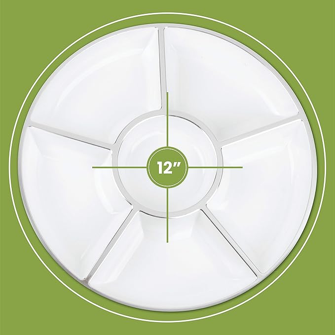 6 Sectional Round Plastic Serving Tray/Platters White W Silver Rim Pack of 2