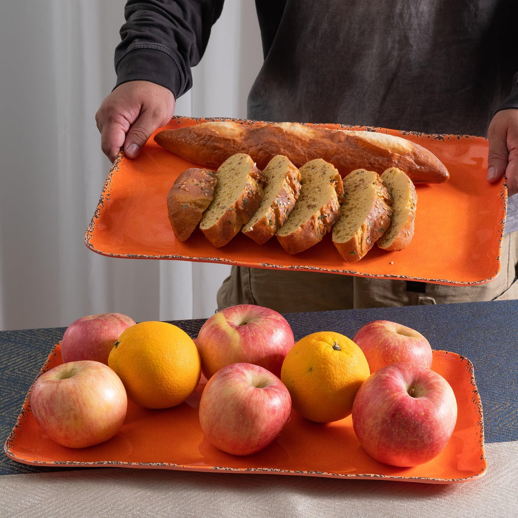 ZAROCRUS Vintage Melamine 17" x 10" Serving Platters for Serving Food, Set of 2, 100% Melamine Large Rectangle Serving Trays Sets for Fruit, Appetizer, Dessert, Home and Party Use. Orange