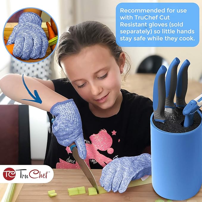 TruChef 5-Piece Kids Knife Set | Real Stainless Steel Cooking Knives with Peeler, Serrated Blade & Storage Stand | Safe, Easy-Grip Design – Fun Junior Chef Set for Boys & Girls (5 pcs, Blue)