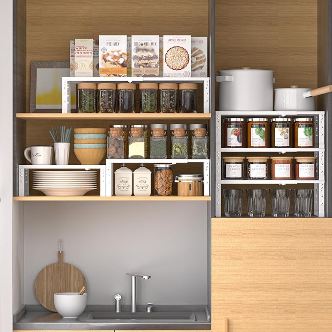 Wobmmi Expandable,Adjustable & Stackable Spice Rack, Cabinet Kitchen Countertop Shelf Organizer,Metal Pantry Storage Shelves - Space-Saving Storage Solution(1Pack/White/Large)
