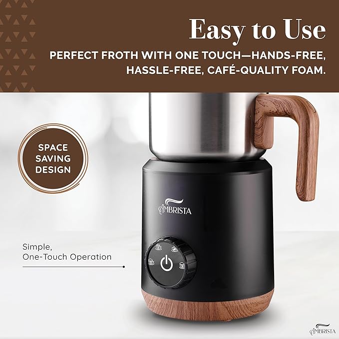 AMBRISTA All in One 16oz Stainless Steel Electric Milk Frother | Foam Maker for Coffee | Hot and Cold Froth, Heated Milk, Hot Chocolate and More | Dishwasher Safe and Easy to Clean