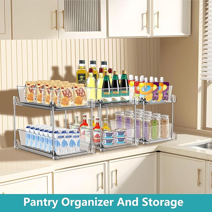 AITOPMART 2 Pack Bathroom Organizer,2 Tier Clear Under Sink Organizers Vanity Countertop Storage Container,Cabinet Drawers Bins, Pull-Out Organization with Track for Pantry, Kitchen