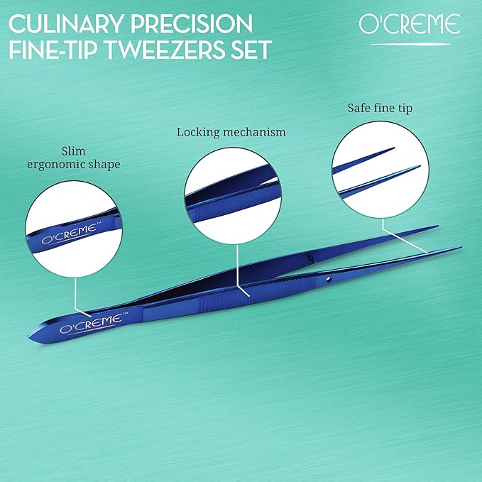 O'Creme Kitchen Tweezers Tongs Stainless Steel Fine Tip Blue