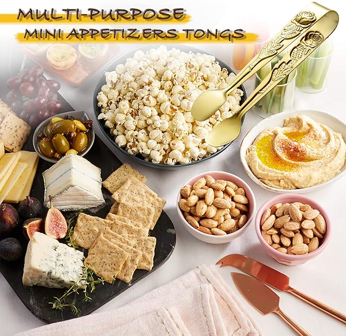 HINMAY 6PCS Mini Serving Tongs 4 Inches Small Rose Sugar Cube Tongs (Gold)