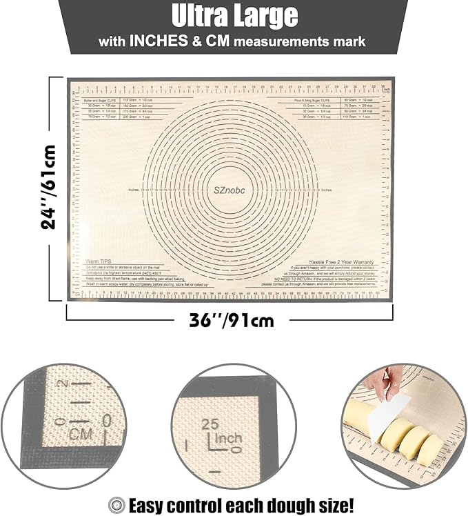 Silicone Pastry Mat 36X24 inch Baking mat Perfect for Dough, Pastry, Pie Crust, Fondant, Cookies, Bread, Pasta/Pizza,Pastry Board, Kitchen Counter Mat