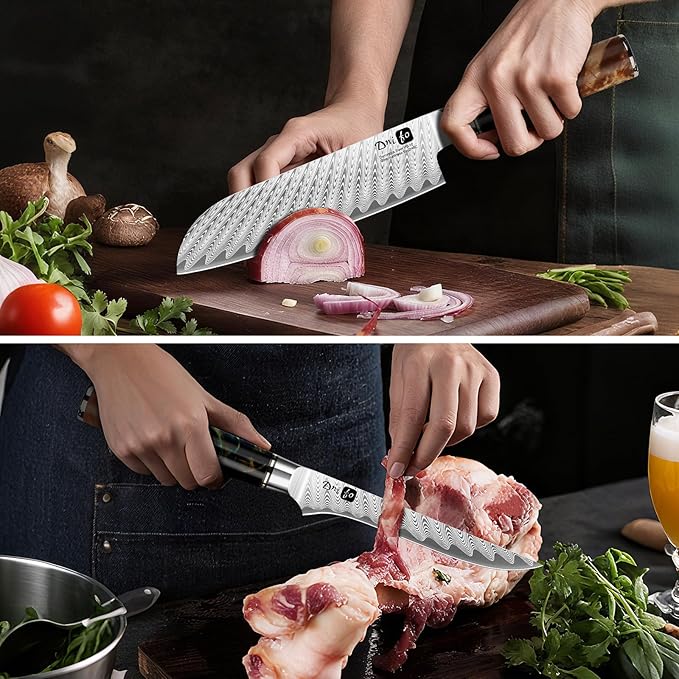 5PCS Damascus Knife Set, 5" Paring, 6" Boning, 7" Santoku, 8" Chef & Bread