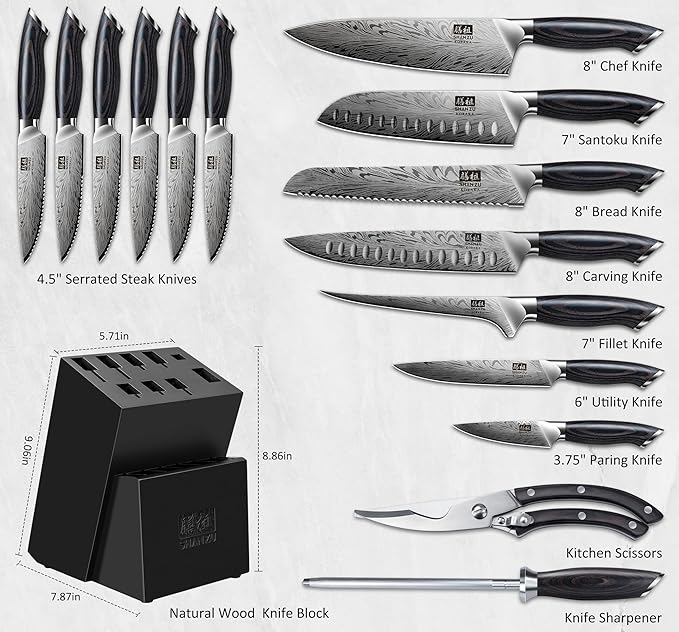 SHAN ZU 16 Pieces Knife Set, Knife Block Set in Powder Steel
