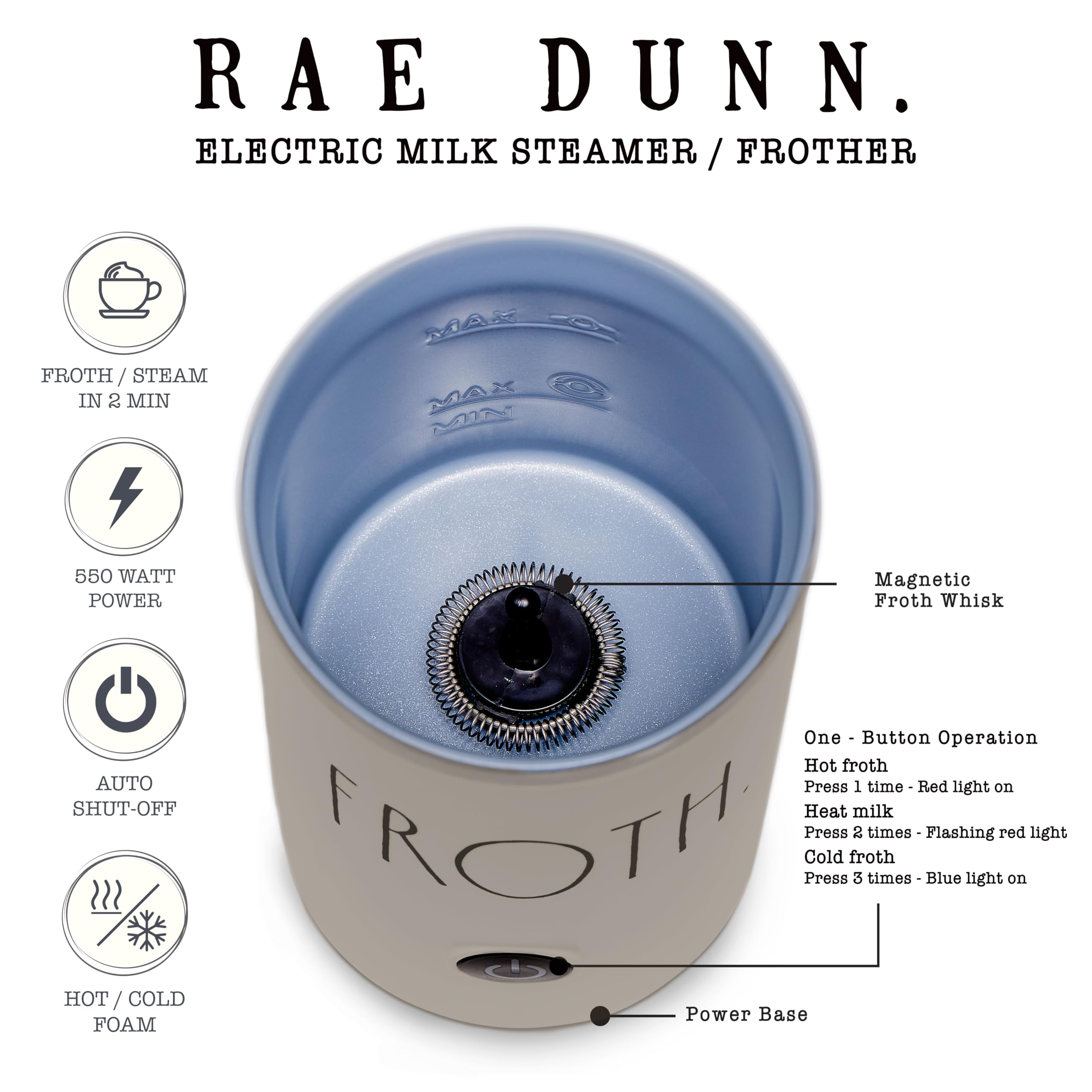 Rae Dunn Electric Milk Frother Steamer -Stylish Automatic Milk Steamer and Frother, Milk Warmer, Hot and Cold Foam Maker for Coffee, Latte, Cappuccino, Macchiato - 550 Watt (Sand)