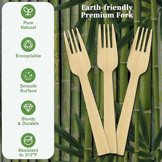 ECOLipak 300 Count Disposable Compostable Bamboo Forks for Party, Dinner