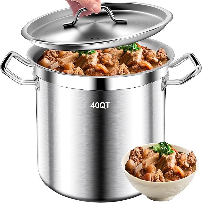 Stainless Steel Stockpot with Lid - Large Stock Pot - Heavy Duty Tri-Ply Bottom Commercial Grade Soup Pot for Cooking Soup, Stew, Canning, Oven, Gas, Ceramic, Dishwasher Safe