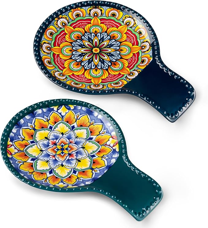 vancasso 7.7 Inch Ceramic Spoon Rest Set of 2, Bohemian Spoon Holder, Dark