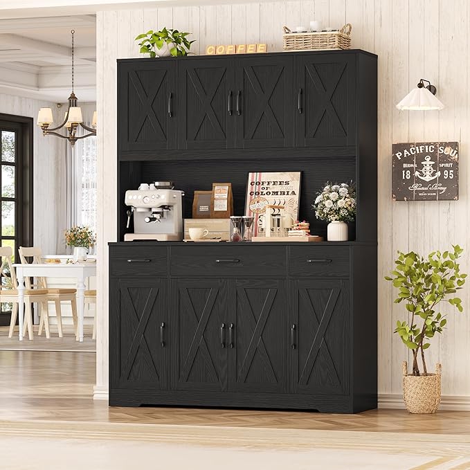 HOSTACK 71" H Kitchen Pantry Cabinet, 55" Kitchen Hutch, Black Wood Grain