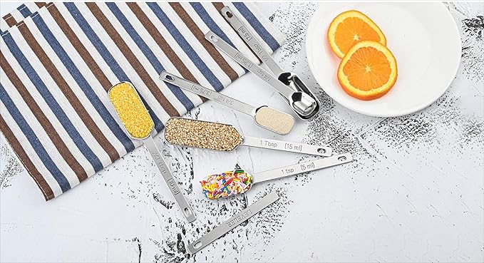 Nstezrne Measuring Spoons Set of 6, 18/8 Stainless Steel Measuring Spoons for Dry & Liquid, Spice Long Handle Tbsp Nesting Measure Spoon for Baking & Kitchen