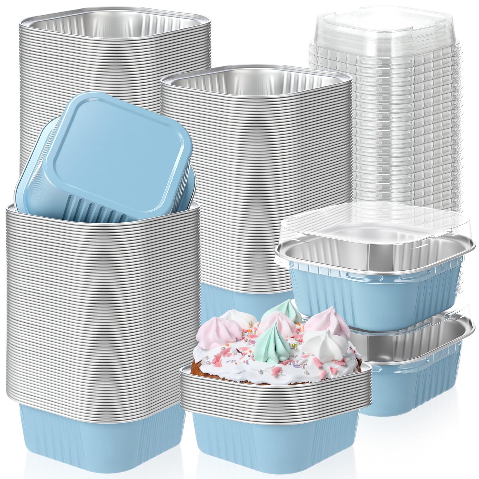 Aoriher 150 Pcs 10 oz Mini Cake Pans with Lids Sky Blue