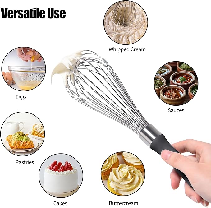 Doosu 18/8 Stainless Steel Balloon Whisk for Cooking (12 Wires, Black)