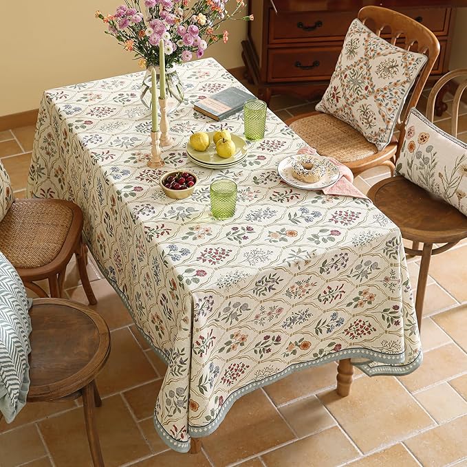ISAENNE Designer Vintage Linen Rectangular Tablecloth,87"x55"-Serenity B