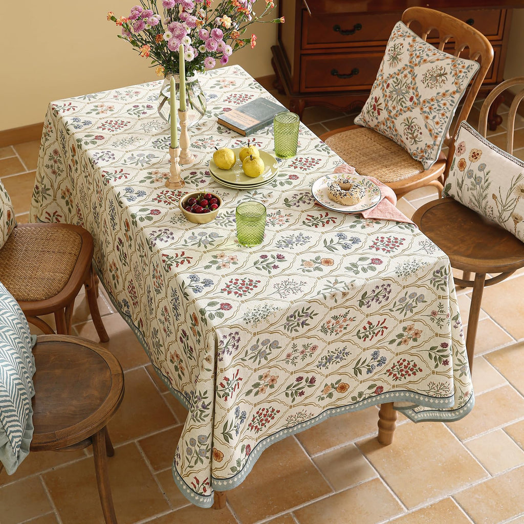 ISAENNE Designer Vintage Linen Rectangular Tablecloth,110"x63"-Serenity B