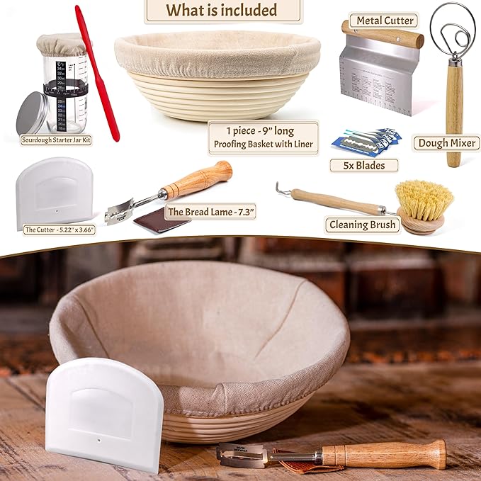 Sourdough Starter Kit for Beginners – 9” Banneton Bread Proofing Basket with 24oz Glass Sourdough Starter Jar & Sourdough Bread Baking Supplies, Easy No-Fail Kit, Gift for Home Bakers