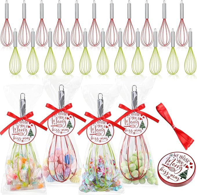 FoldTier 36 Sets 12 Inch Christmas Whisks Gifts DIY Fillable Christmas Tree Ornaments Xmas Colored Silicone Whisks for Cooking Heat Resistant Egg Beaters with Card Rope Bag for Candy Holder
