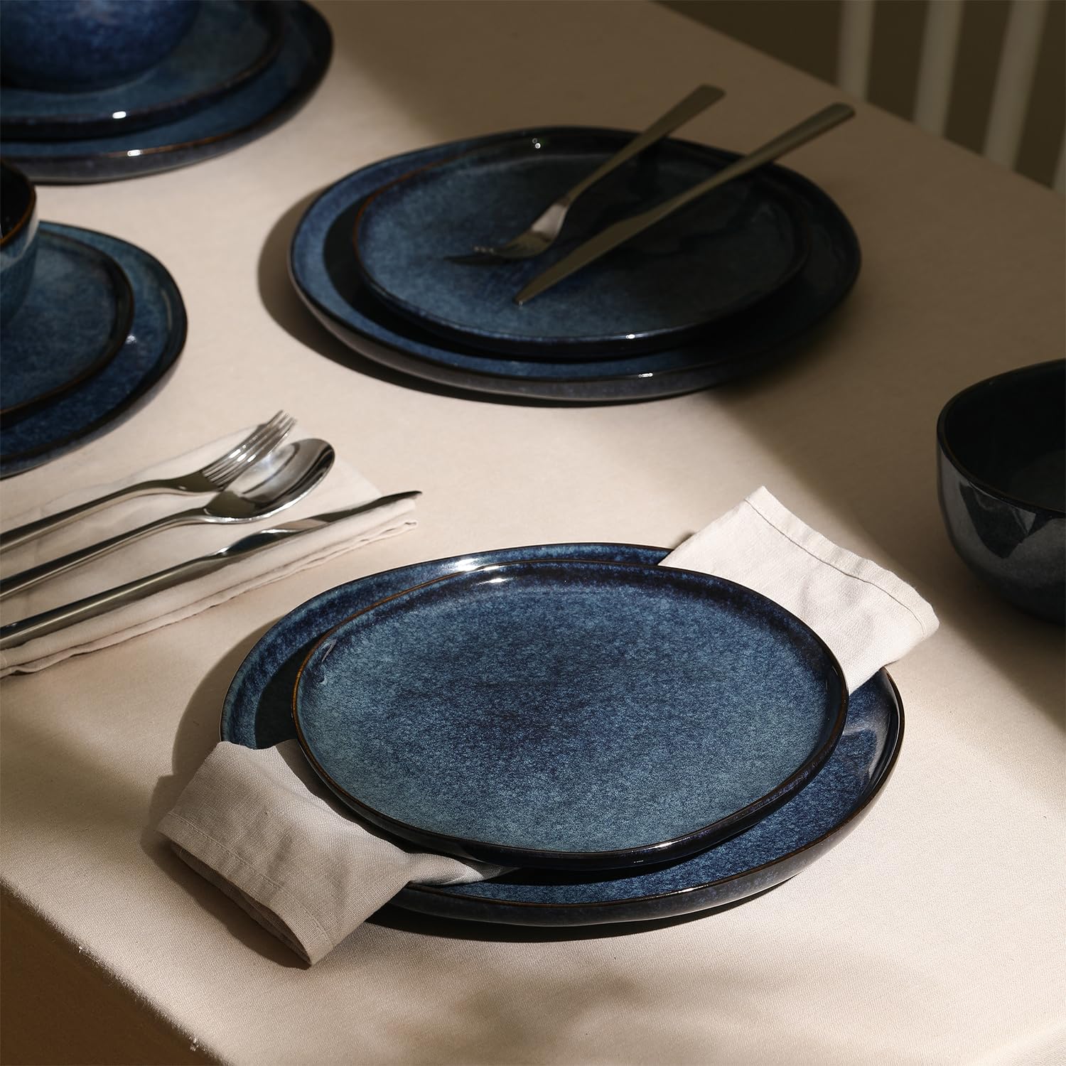 Stone Lain Mirella 24-Piece Stoneware Dinnerware Set, Service for 8 – Reactive Glaze, Deep Blue – Includes Dinner Plates, Salad Plates, and Bowls – Modern Organic Design