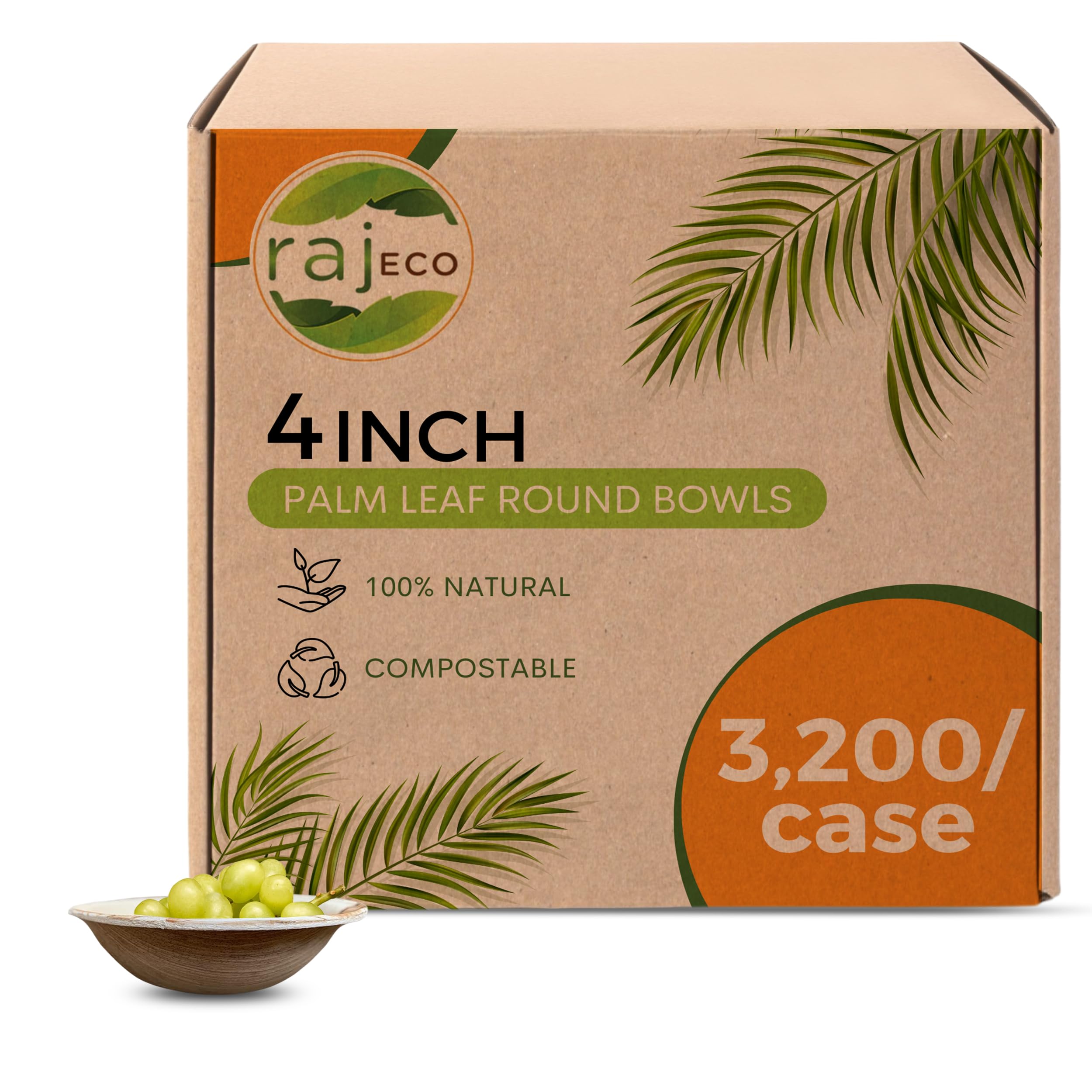 Raj Palm Leaf 4" Round Bowls, 3200 Count (16 cases) Bulk Pack