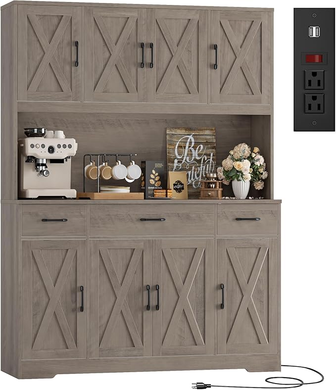HOSTACK 71" Tall Kitchen Pantry Storage Cabinet, 55" W Kitchen Hutch, Grey