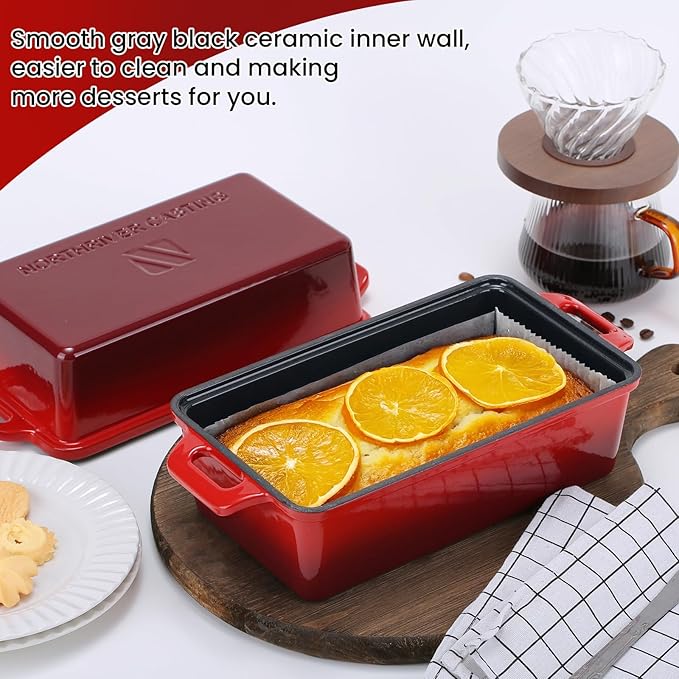 Northriver Casting 9x5 Inch Enameled Cast Iron Bread Loaf Pan with Lid, Perfect Sourdough Baking Pans | Even Heat Distribution for Homemade Bread, Cake, Meatloaf，2 Piece set，Red
