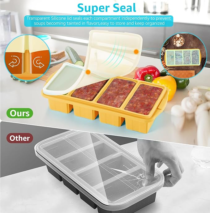 Ztomine Silicone Freezer Tray With Lid - Silicone Freezer Food Molds- Large Ice Cube Tray,Silicone Freezer Container,Freeze & Store Soup, Sauce, Broth,Leftovers - Makes 4 Perfect 1 Cup