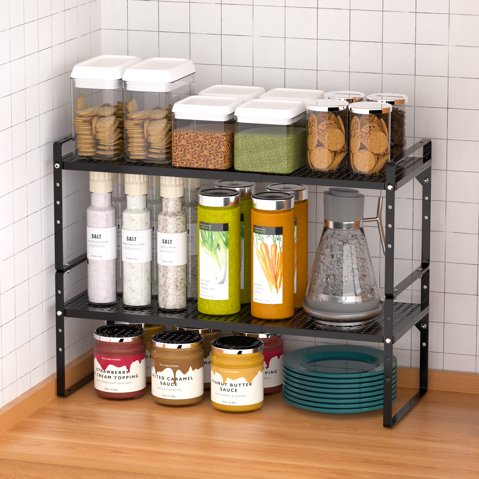 iPEGTOP Large Expandable Cabinet Storage Shelf Organizer Rack, Heavy Duty Stackable Steel Metal Spice Rack Adjustable Height Office Pantry Garage Shelves for Counter Kitchen, Black - 1 Pack