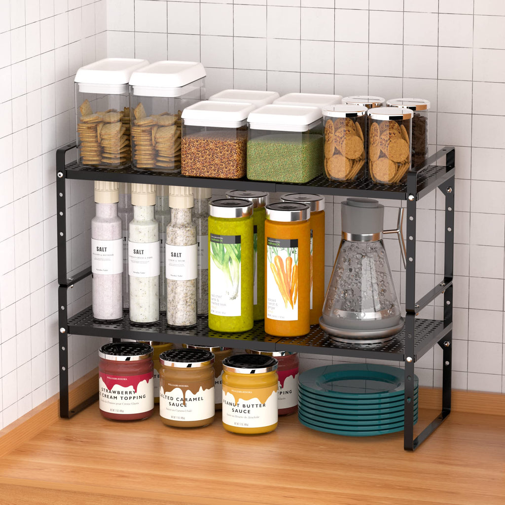 iPEGTOP Large Expandable Cabinet Storage Shelf Organizer Rack, Heavy Duty Stackable Steel Metal Spice Rack Adjustable Height Office Pantry Garage Shelves for Counter Kitchen, Black - 1 Pack