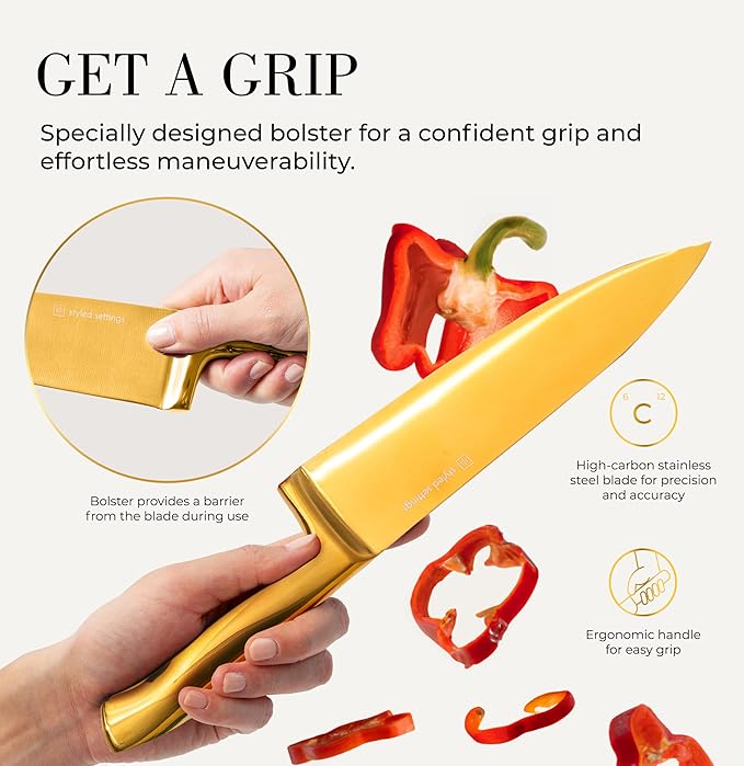 Styled Settings Gold Knife Set with Block and Built-In Sharpener, 14-Piece
