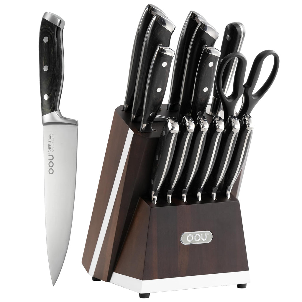 OOU 2025 Kitchen Knife Set with Block, 15-Piece German Stainless Steel Knife Blcok Set with Sharpening Rod, Ergonomic Wood Handle,Premium Razor-Sharp Knives Set for Kitchen