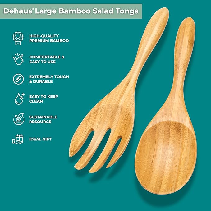 Dehaus® 12" Extra Large Bamboo Salad Servers - Wooden Salad Serving Spoons - Eco Friendly Salad Tossing Utensils - Giant Wooden Salad Hands - Bamboo Salad Tongs