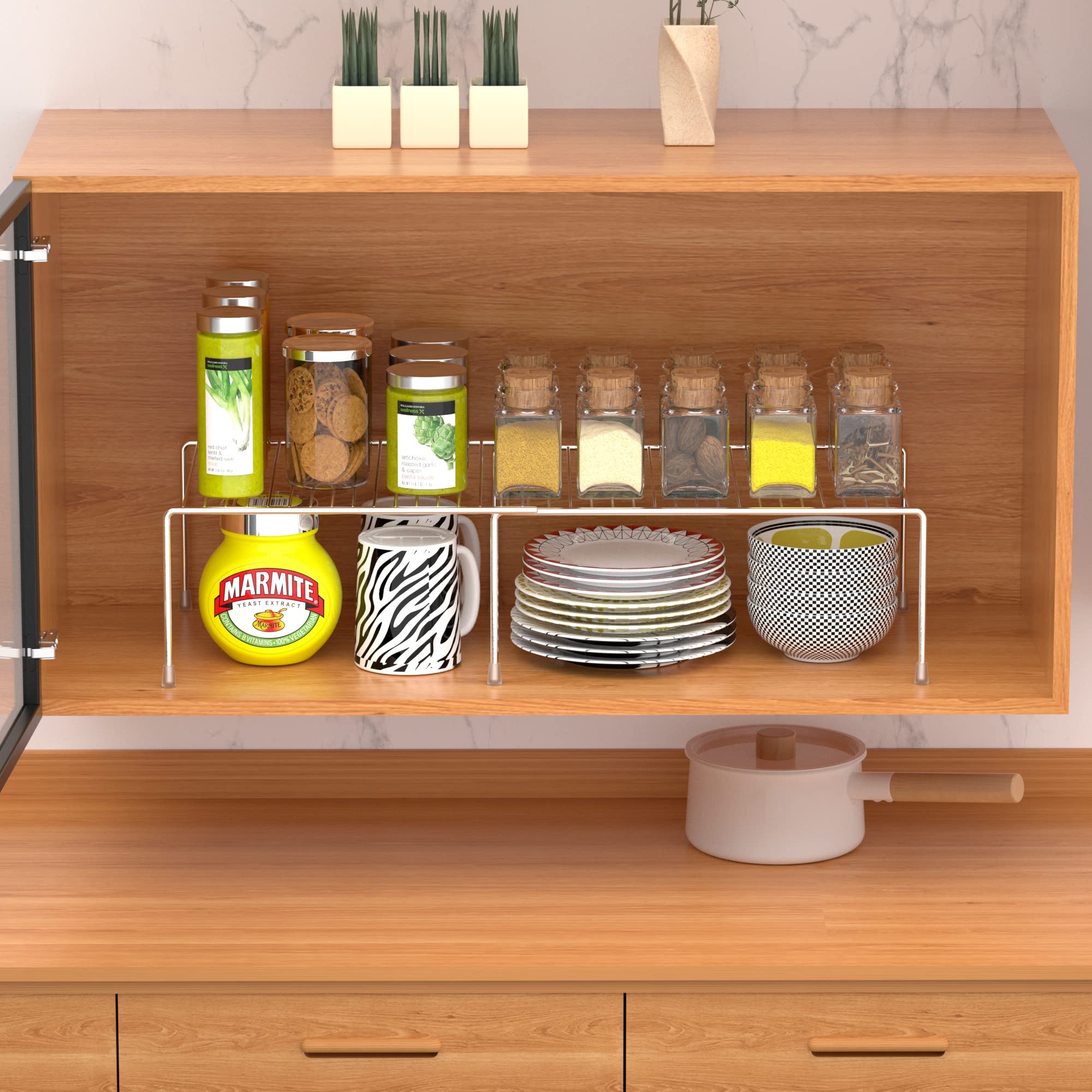 iPEGTOP Expandable Kitchen Cupboard Organiser, 2-Piece Adjustable Freezer Cabinet Storage Wire Shelf Rack Rustproof Metal Shelves Space Saver for Countertop Pantry Drawer Utensils