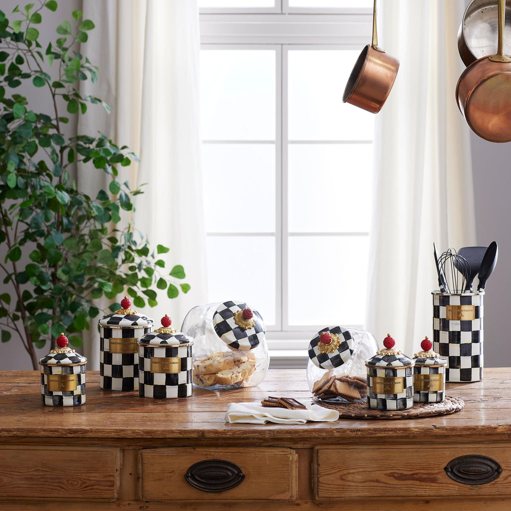 MACKENZIE-CHILDS Glass Cookie Jar with Lid, Black-and-White Courtly Check
