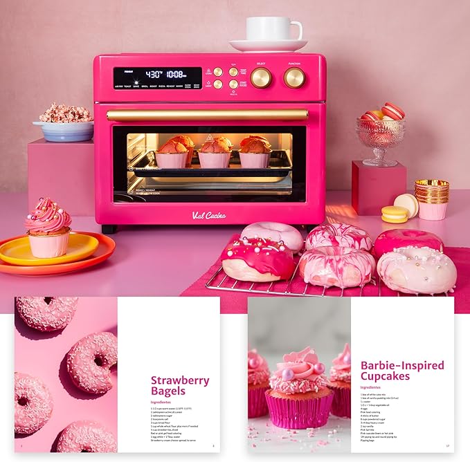 VAL CUCINA 26.3 QT Limited Edition Happy Pink Infrared Heating Air Fryer Toaster Oven, Large Countertop Convection Oven 10-in-1 Combo, 6-Slice Toast, Enamel Baking Pan Easy Clean with Recipe Book