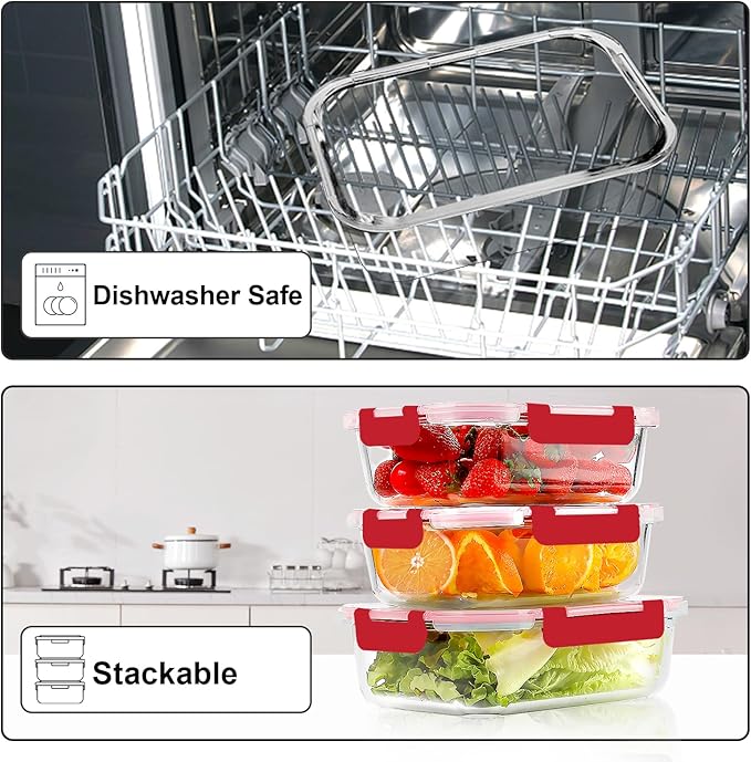 VERONES 10 PACK 22 OZ Glass Meal Prep Containers Set with Lids, Red