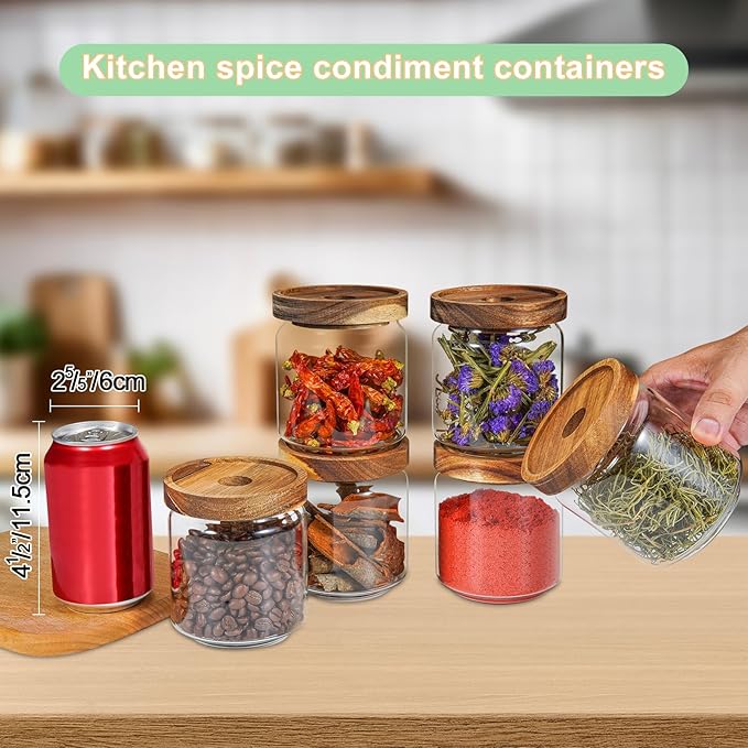 Patoper Small Glass Jars with Labels Spice Jar Round Storage Canister with Wooden Lid Clear Glass Food Jar for Pantry Sugar Tea Coffee Bean Spice Nuts Cookies Bath Salts (6 * 420ml(14oz))